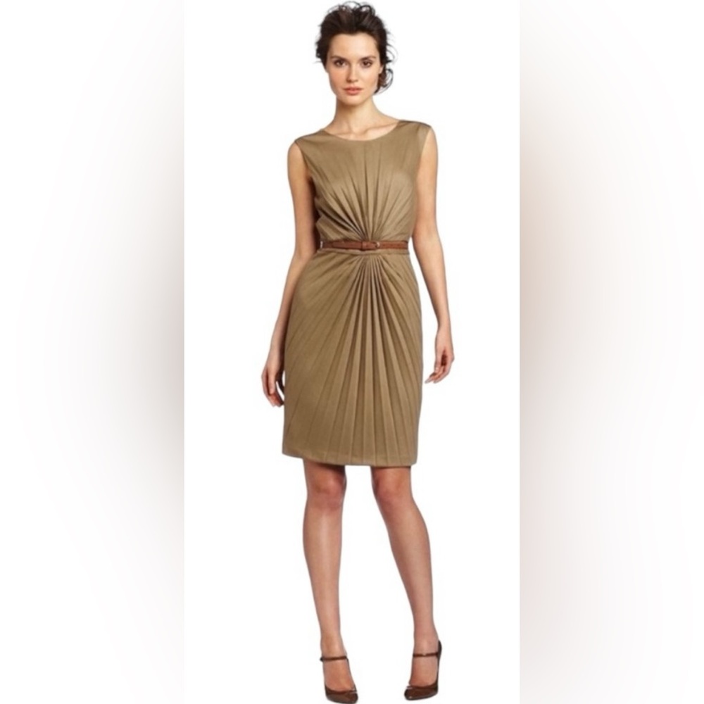 Pleated business casual cocktail dress in tan